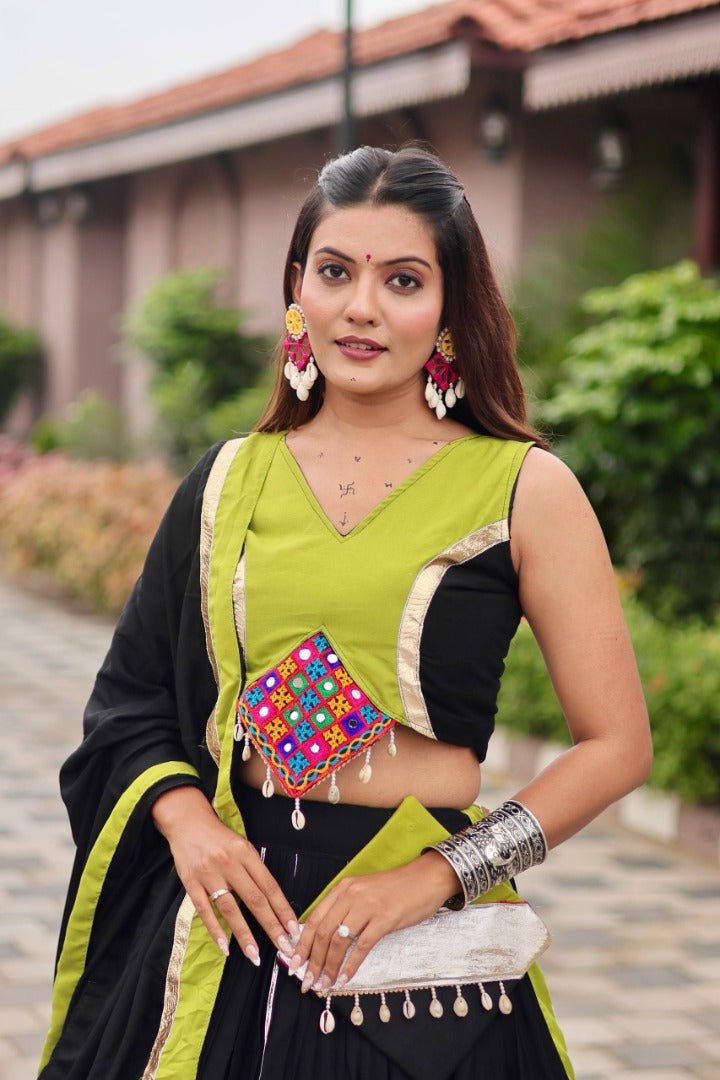 Black & Green Heavy Gamthi Work & Mirroring With Kodi Lace Lehenga Choli