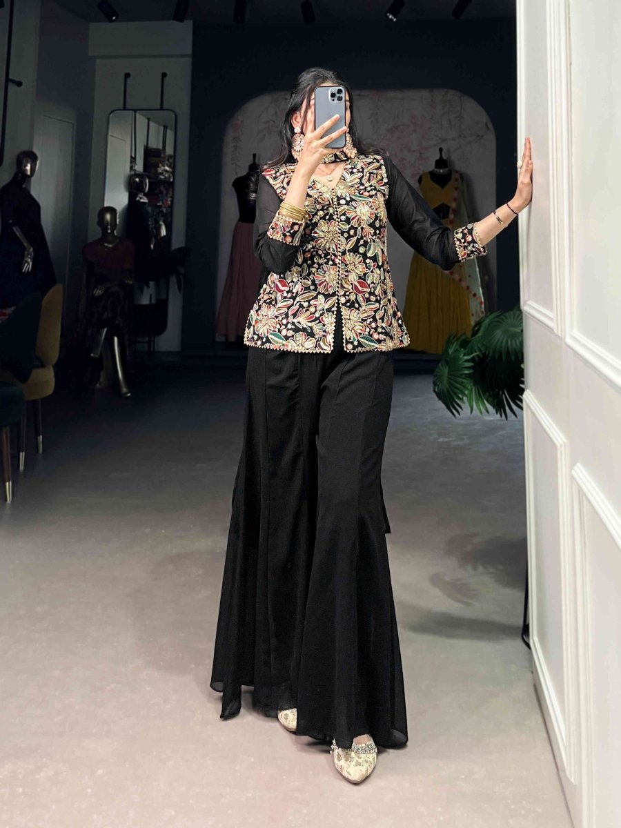 Black Embroidery Georgette Designer Suit Set