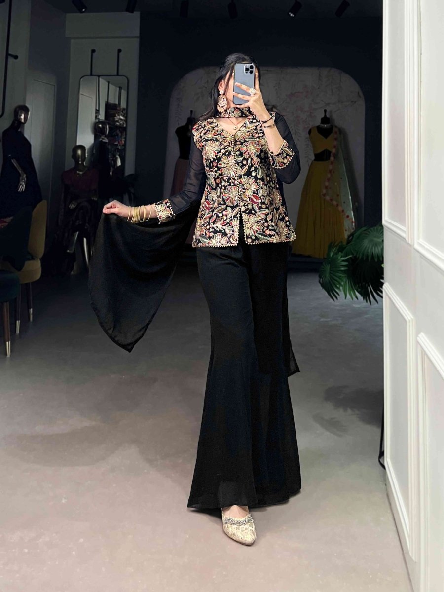 Black Embroidery Georgette Designer Suit Set