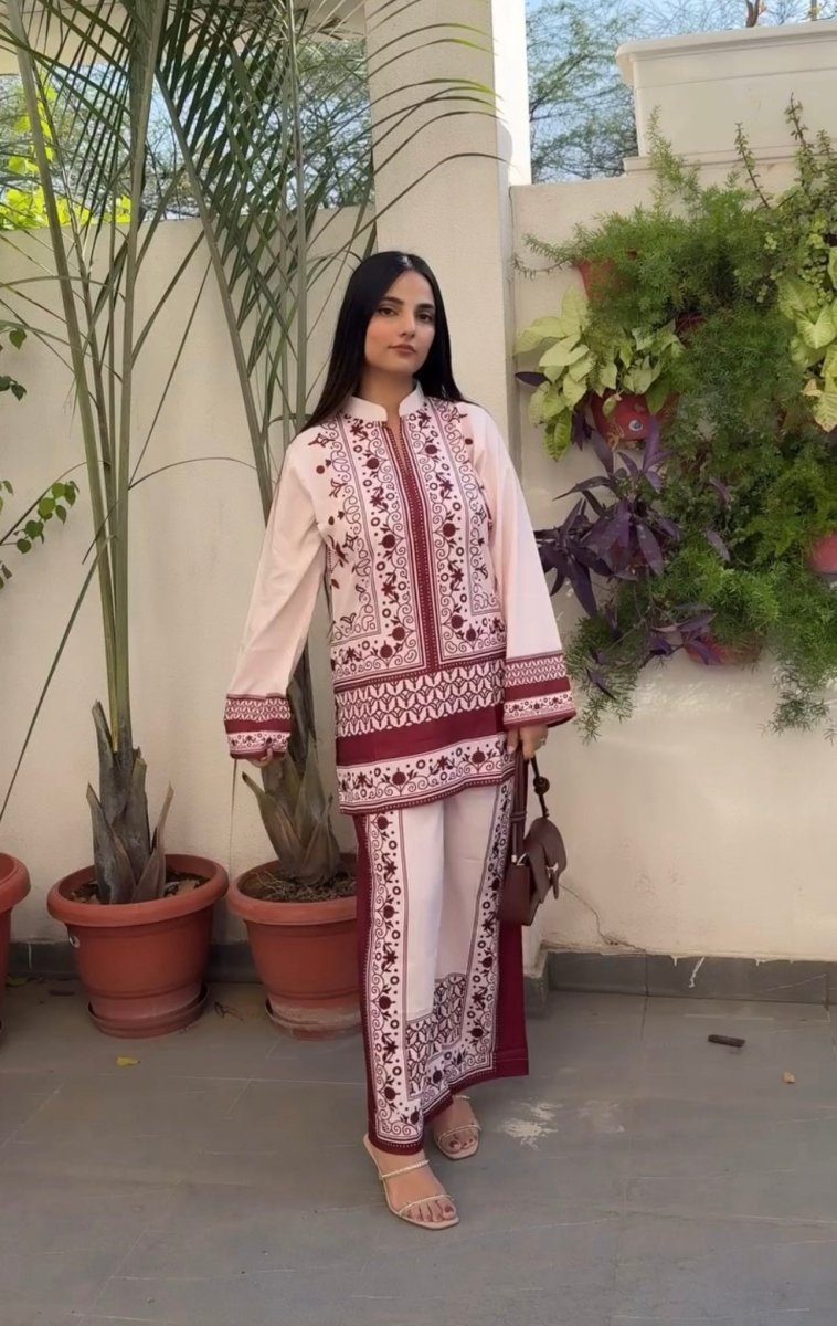 Printed Pure Malai Satin Long 2Pc Co-Ord Set Design