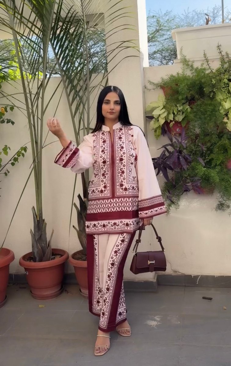 Printed Pure Malai Satin Long 2Pc Co-Ord Set Design