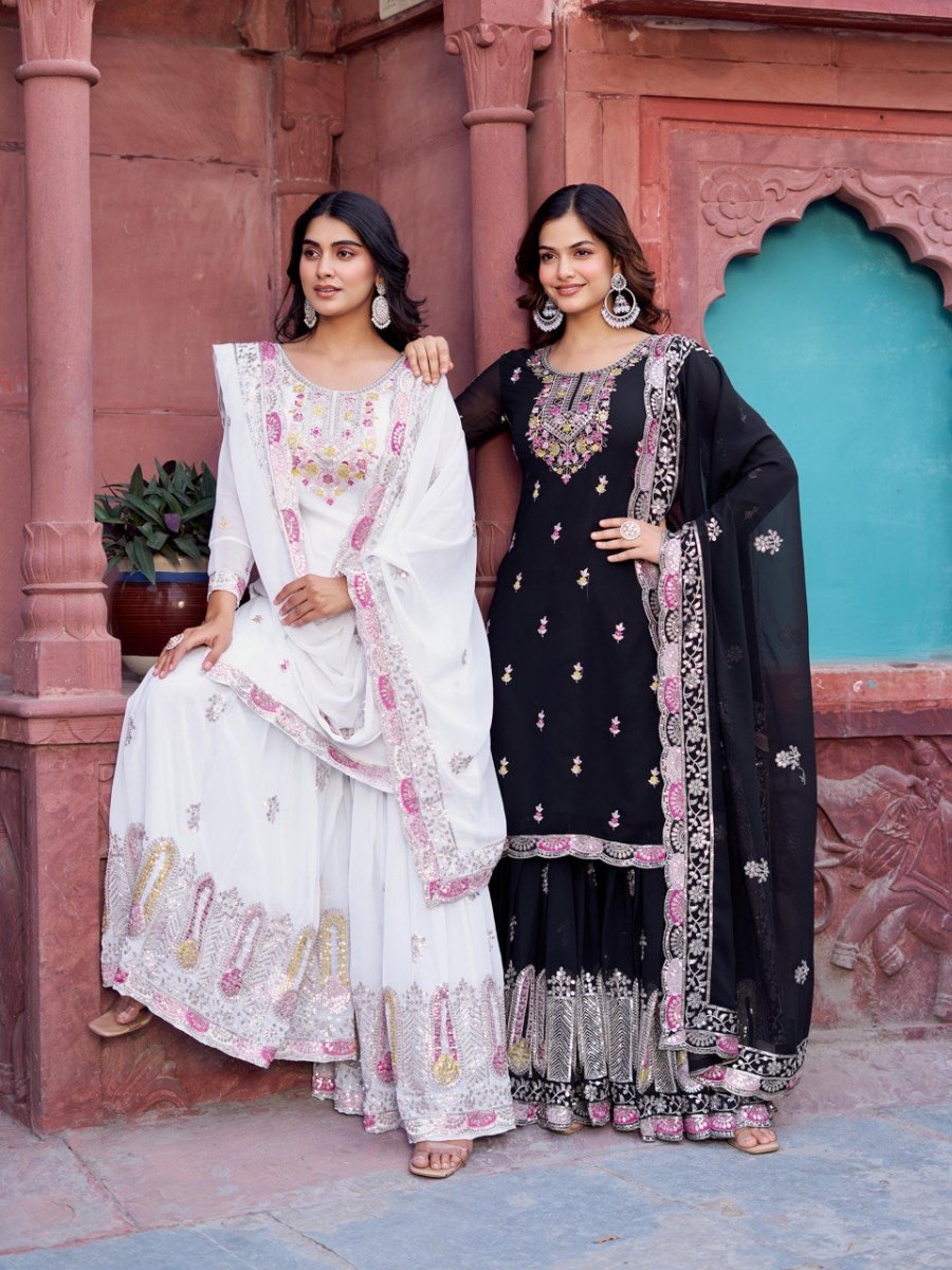 White & black Georgette Sharara set