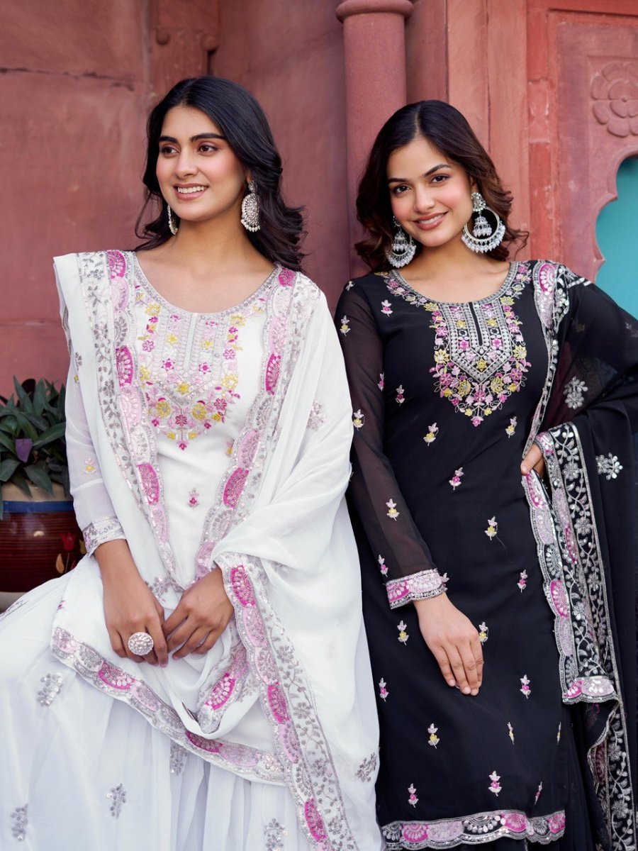 White & black Georgette Sharara set