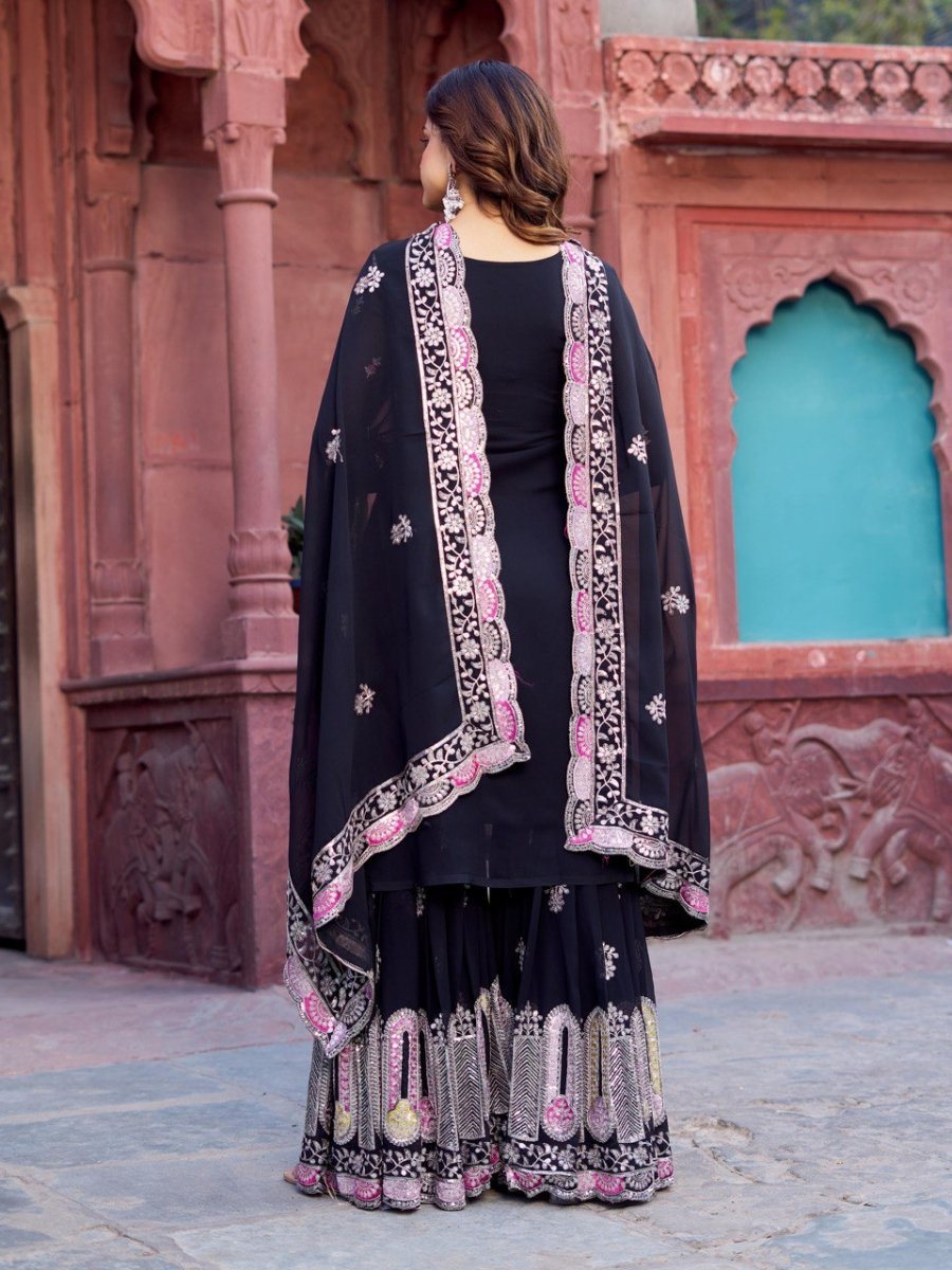 White & black Georgette Sharara set