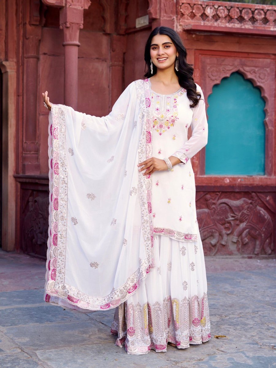 White & black Georgette Sharara set