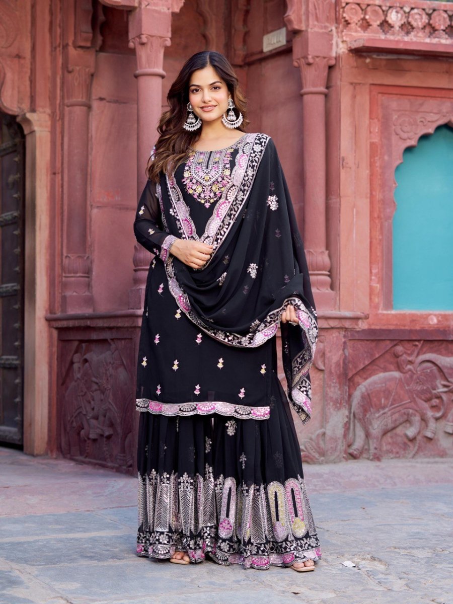 White & black Georgette Sharara set