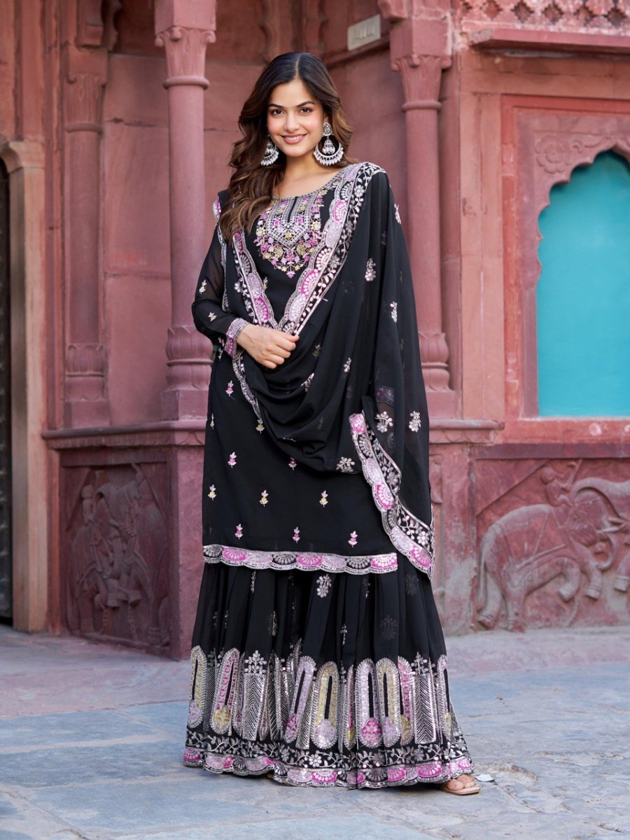 White & black Georgette Sharara set
