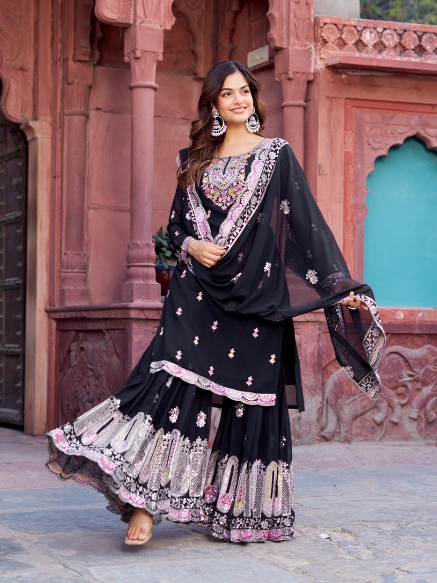 White & black Georgette Sharara set