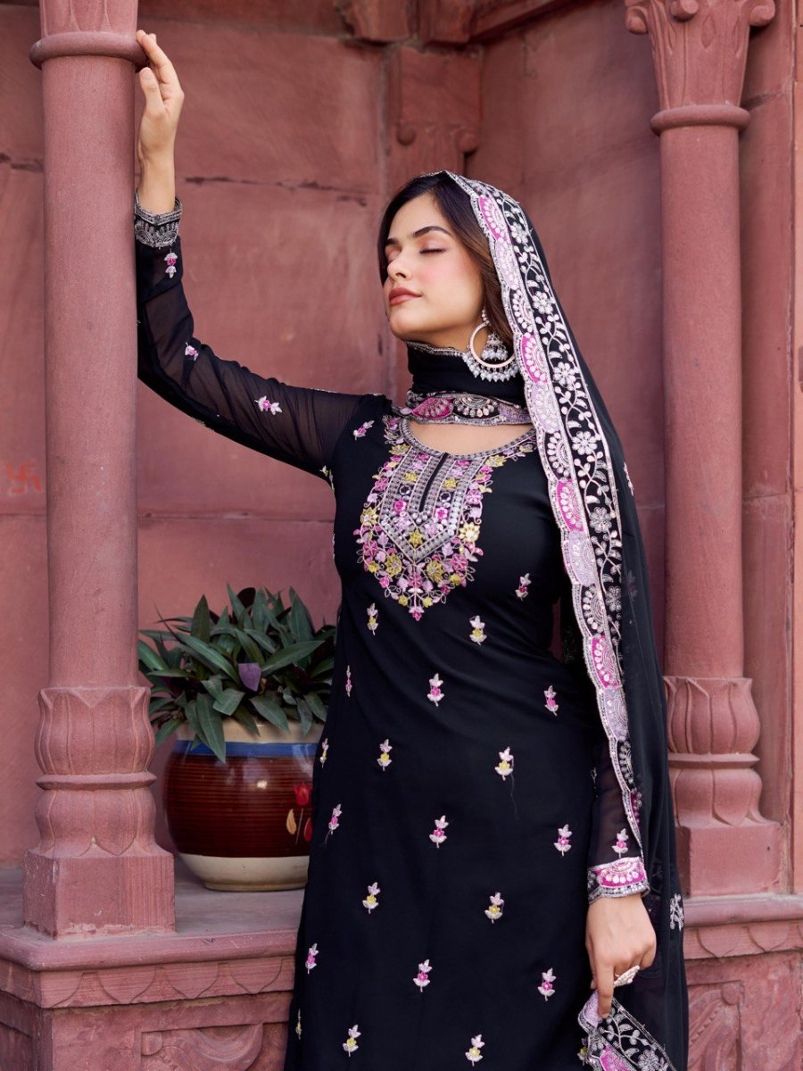 White & black Georgette Sharara set