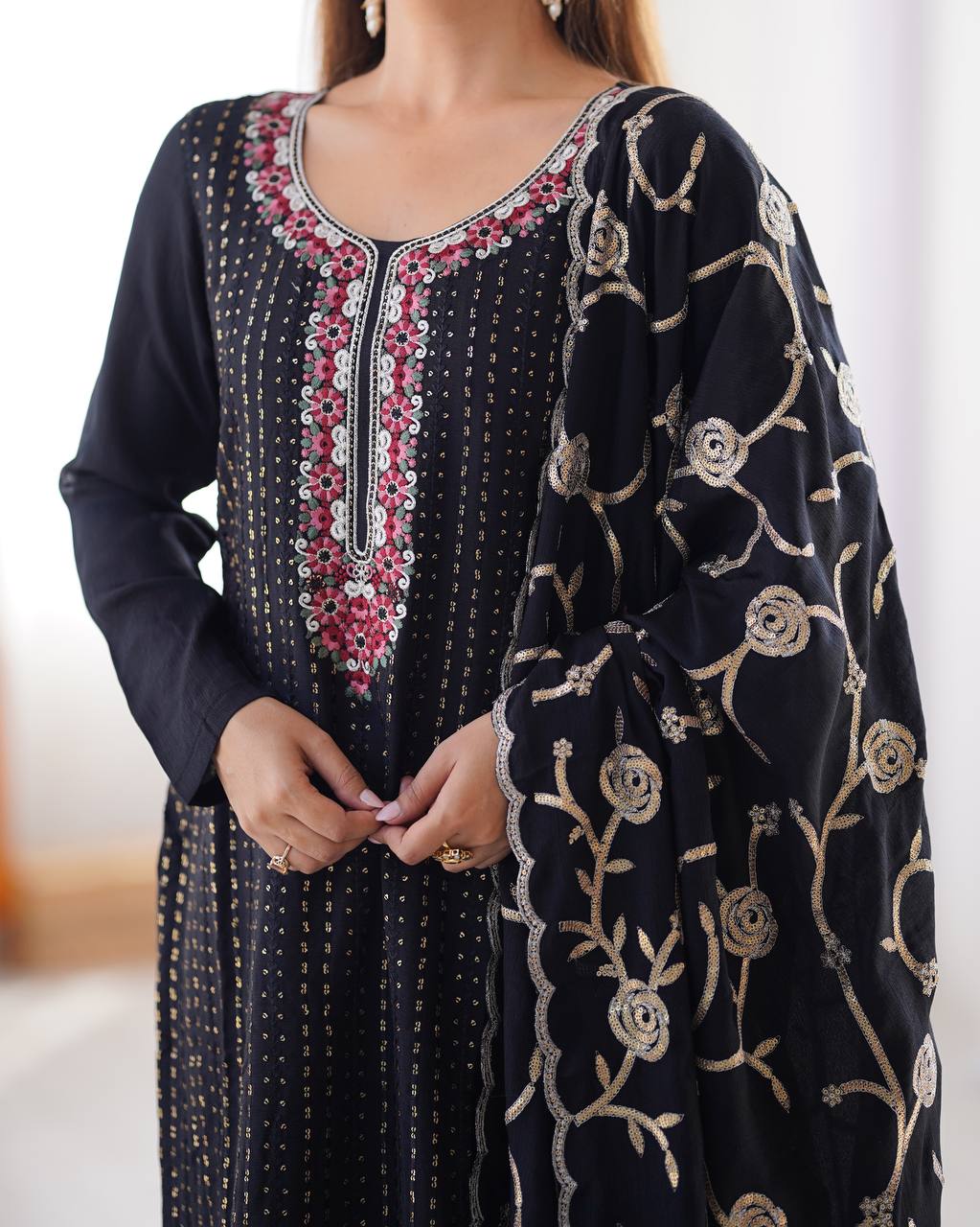Thread Work Chinon Silk 3 Piece Kurti Set