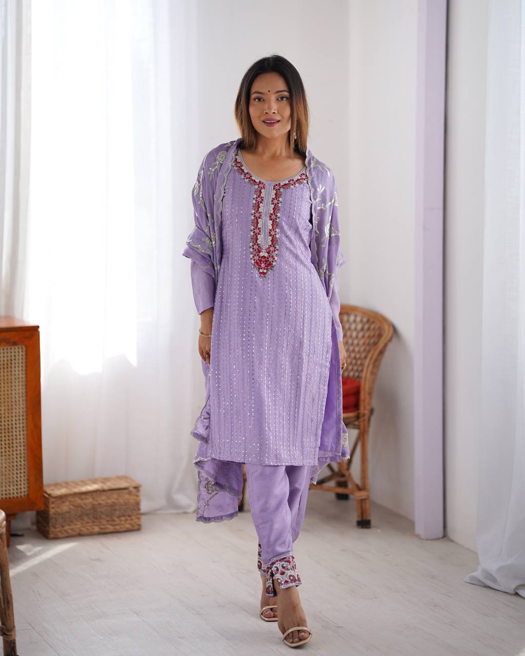 Thread Work Chinon Silk 3 Piece Kurti Set