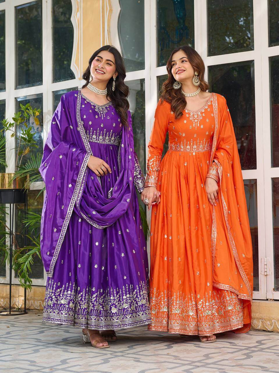 Thread work Orange American Silk Anarkali