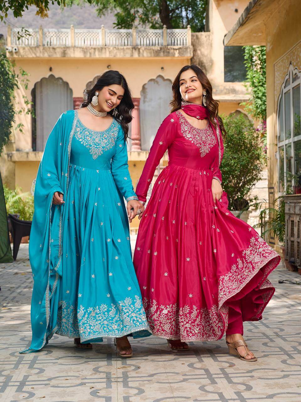 Thread work Sky Blue American Silk Anarkali