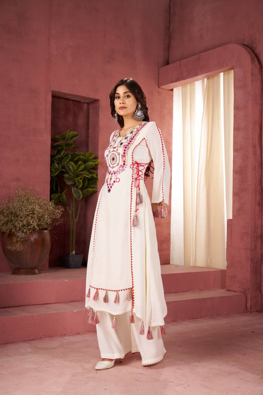 White Thread & Real mirror Work Anarkali