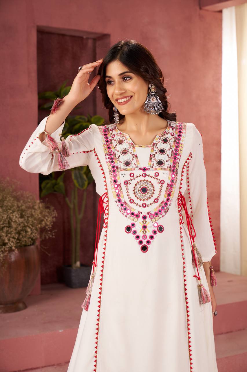 White Thread & Real mirror Work Anarkali