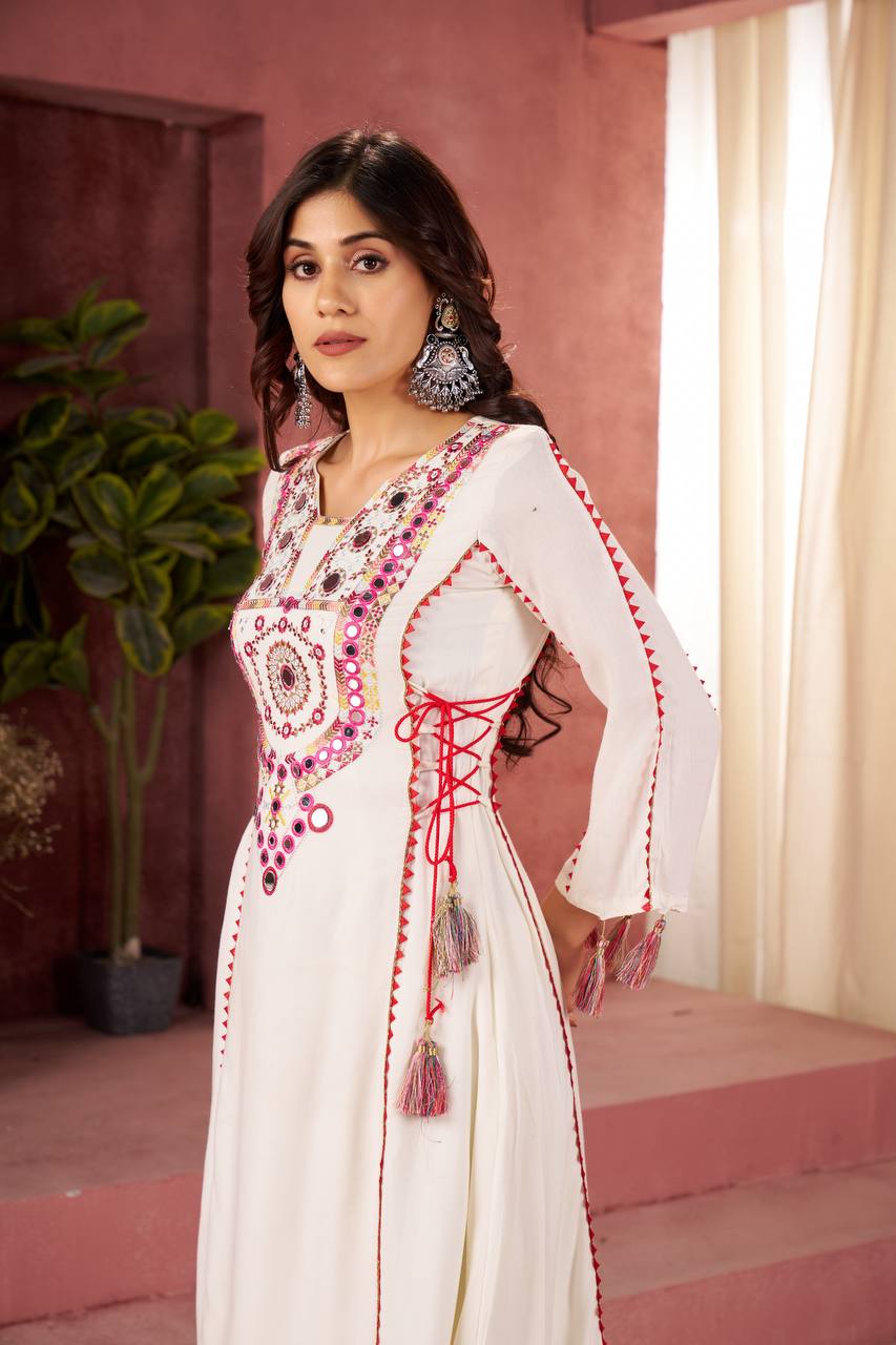 White Thread & Real mirror Work Anarkali