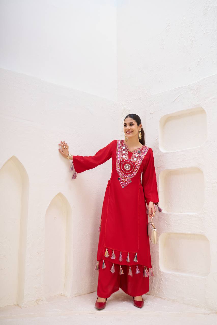Red Thread & Real mirror Work Anarkali