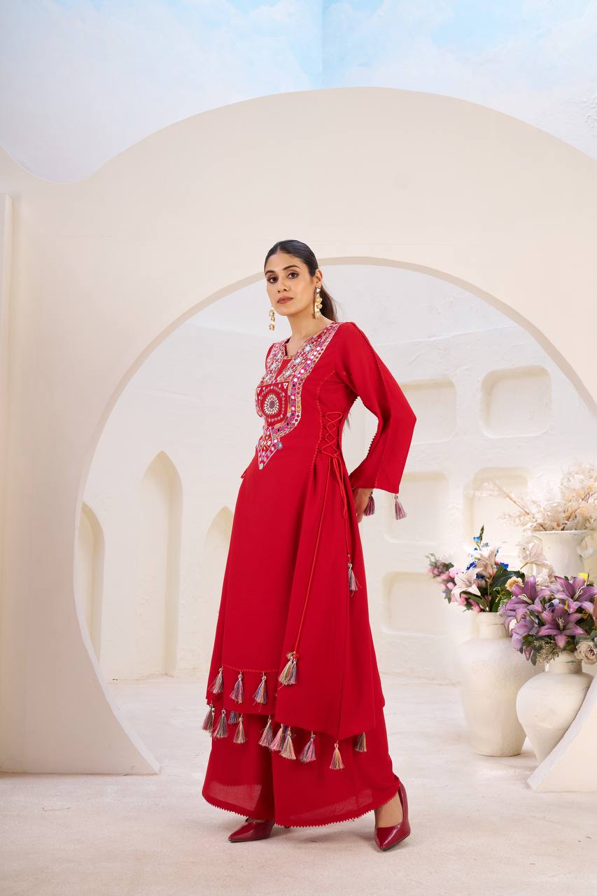 Red Thread & Real mirror Work Anarkali