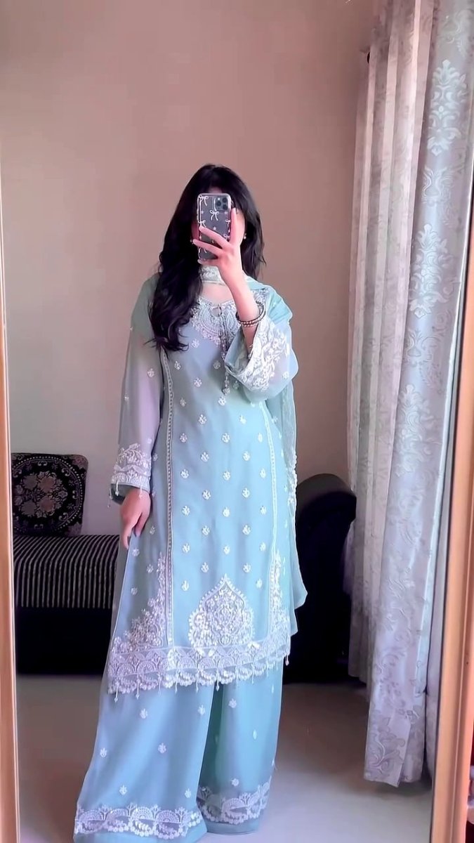 Heavy Fox Georgette Embroidery Sequence Work A Line Kurta Set