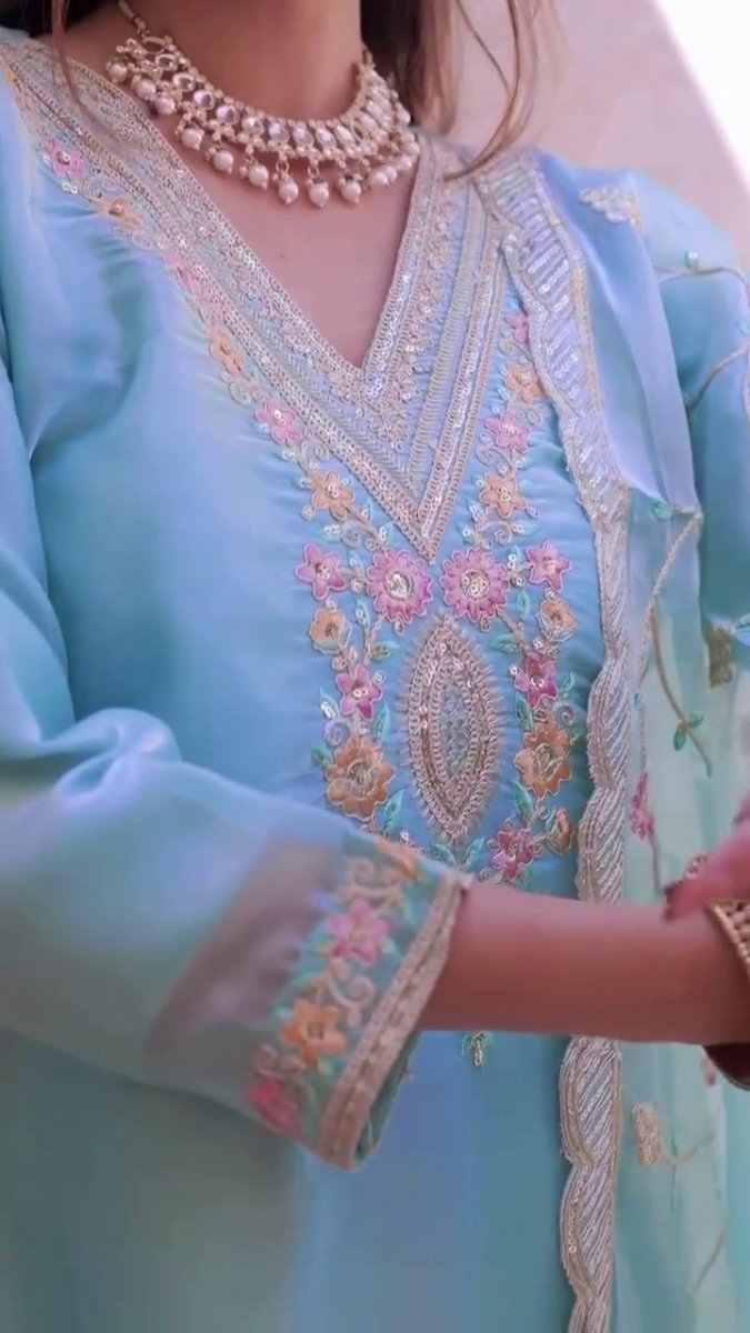Heavy Embroidery Blue Suit Set