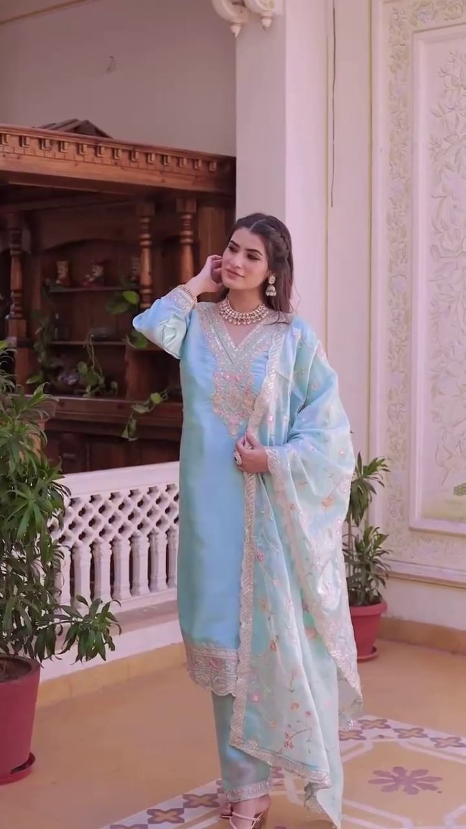 Heavy Embroidery Blue Suit Set