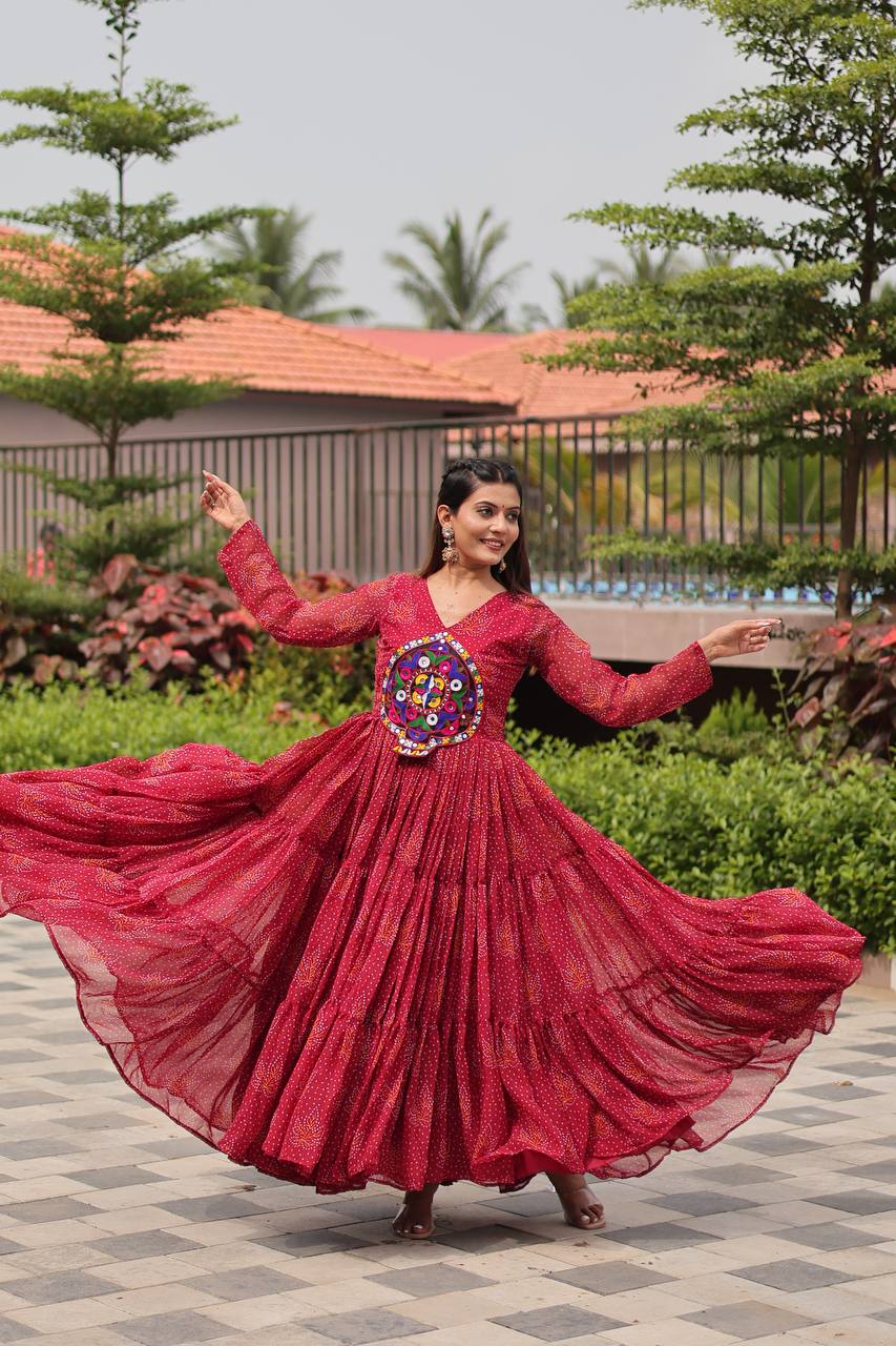 Red Gamathi Work Pan Shape Gown
