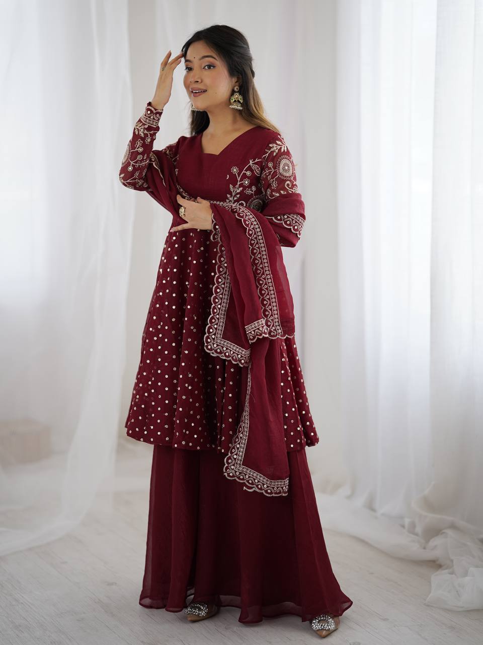 Crunchy Silk Embroidery Sequence Sharara set