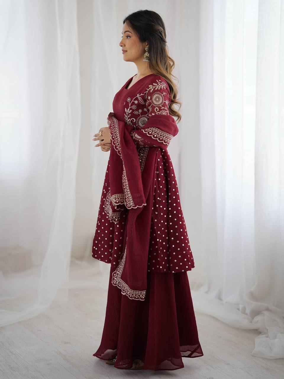 Crunchy Silk Embroidery Sequence Sharara set