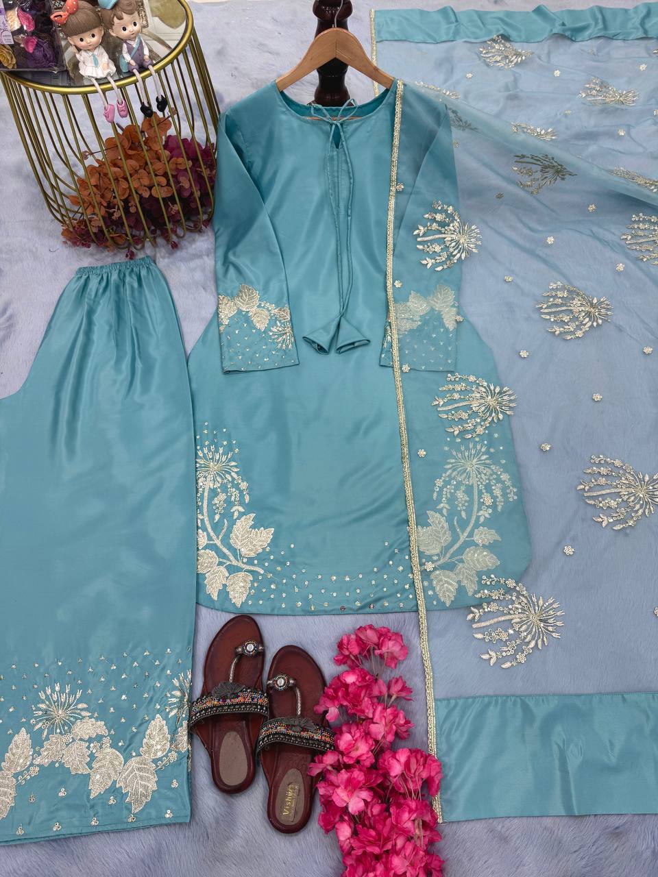 Elegant Crepe Sequin Embroidered Plazzo Set