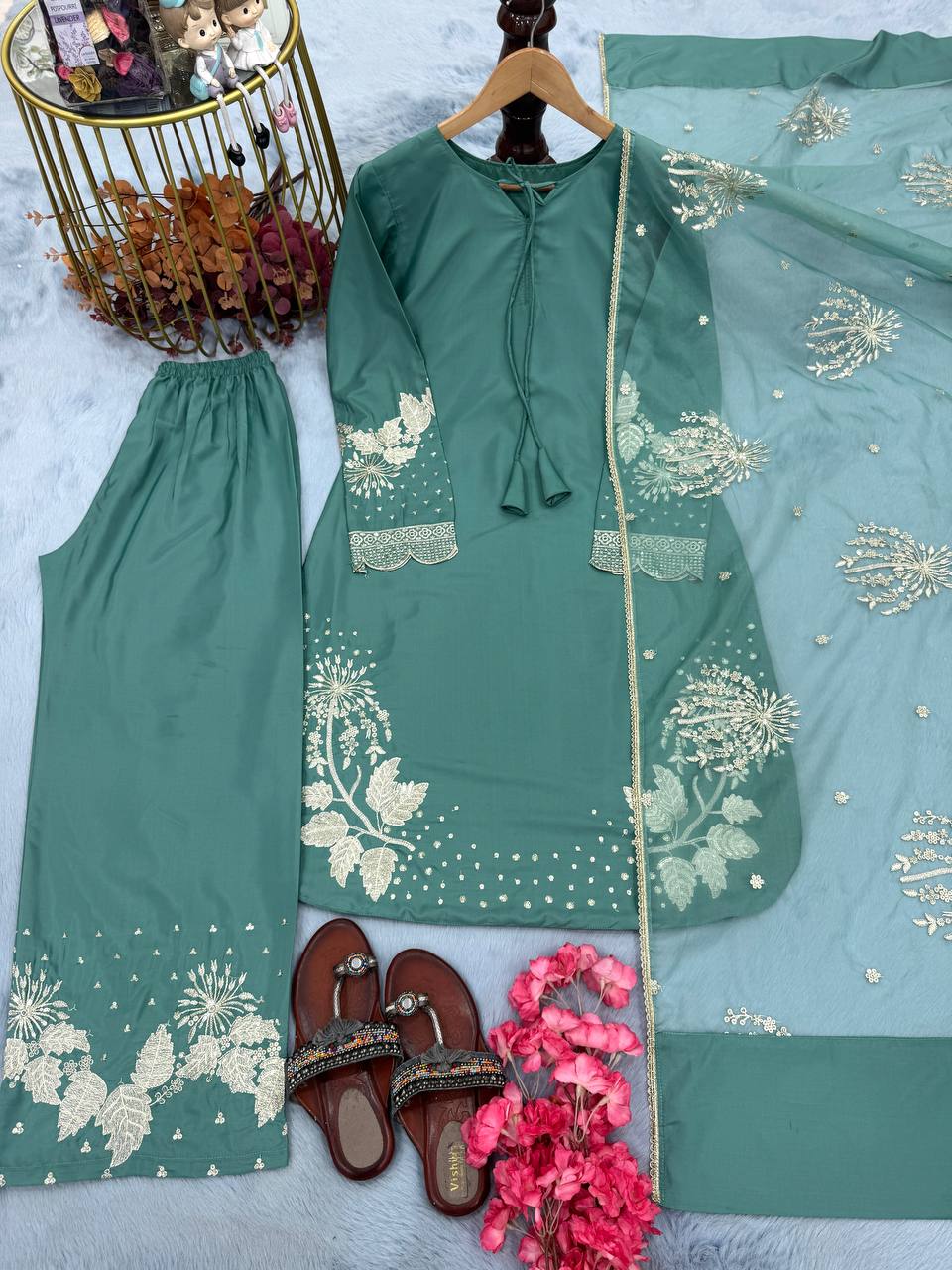 Elegant Crepe Sequin Embroidered Plazzo Set