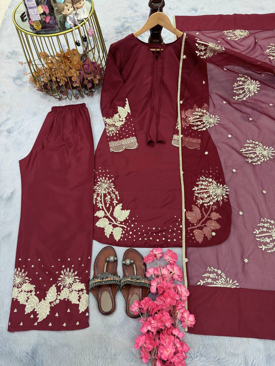 Elegant Crepe Sequin Embroidered Plazzo Set