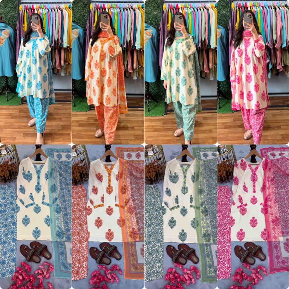 Printed Pure Muslin Cotton Farshi 3Pc Set