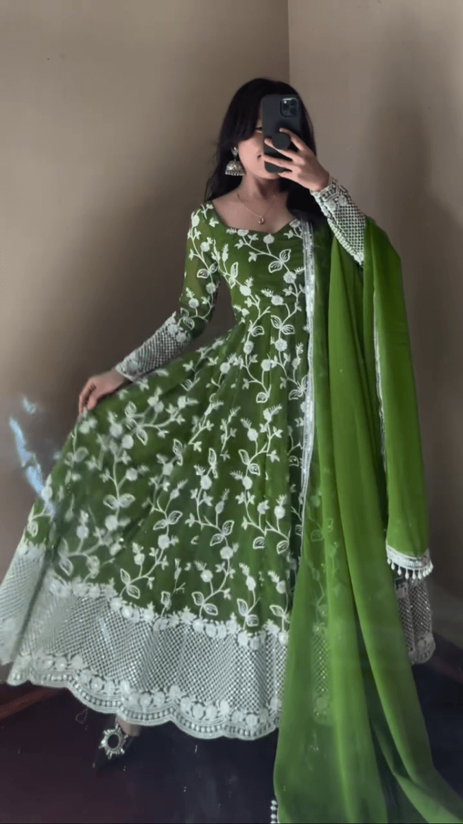Green Heavy Embroidery Anarkali