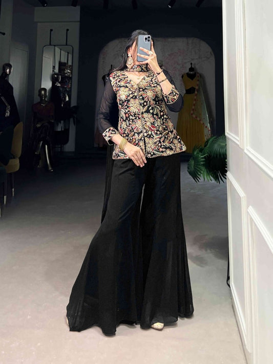 Black Embroidery Georgette Designer Suit Set