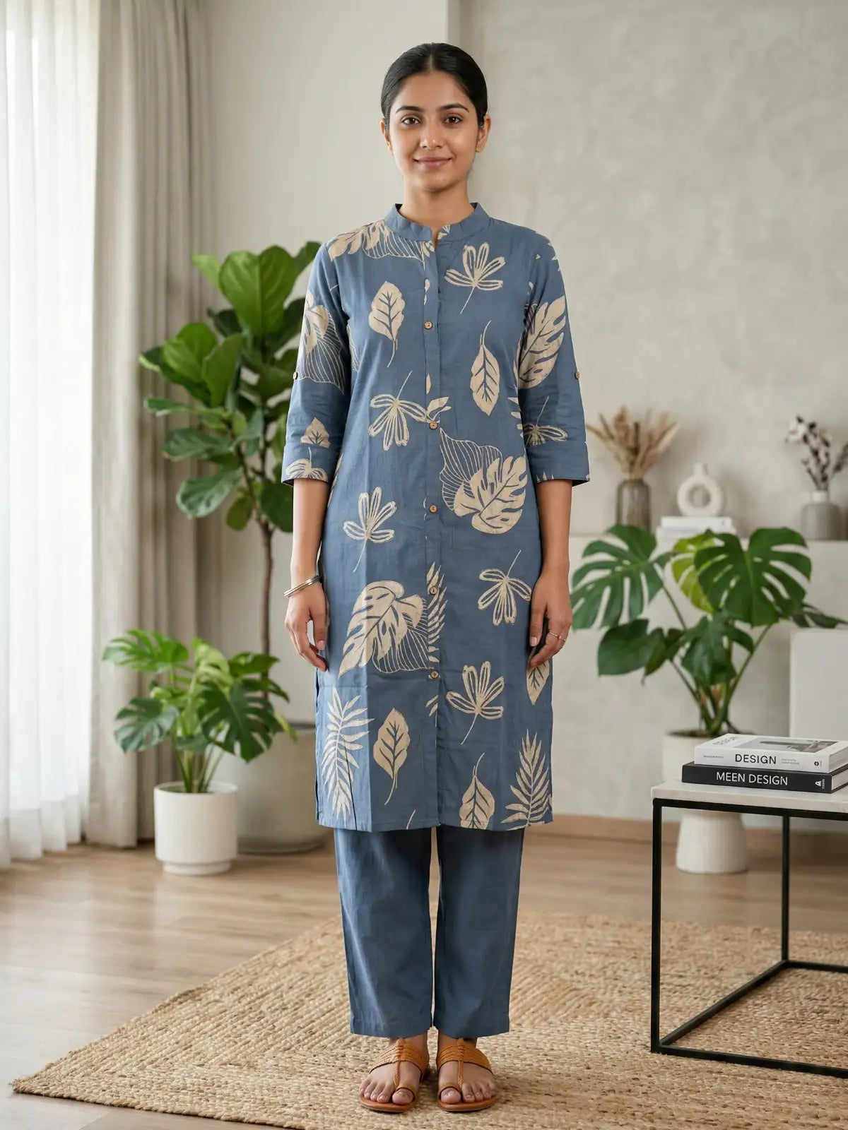 Blue Palm Leaf Print Co-Ord Set