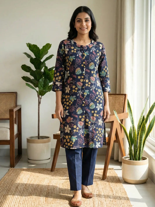 Dark Blue Floral Print Co-Ord Set