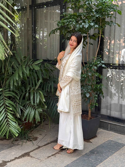Pure Chinon Silk White and Golden Sharara Set