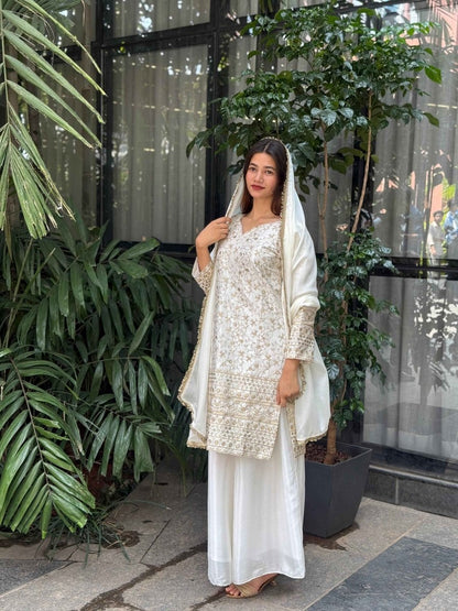 Pure Chinon Silk White and Golden Sharara Set