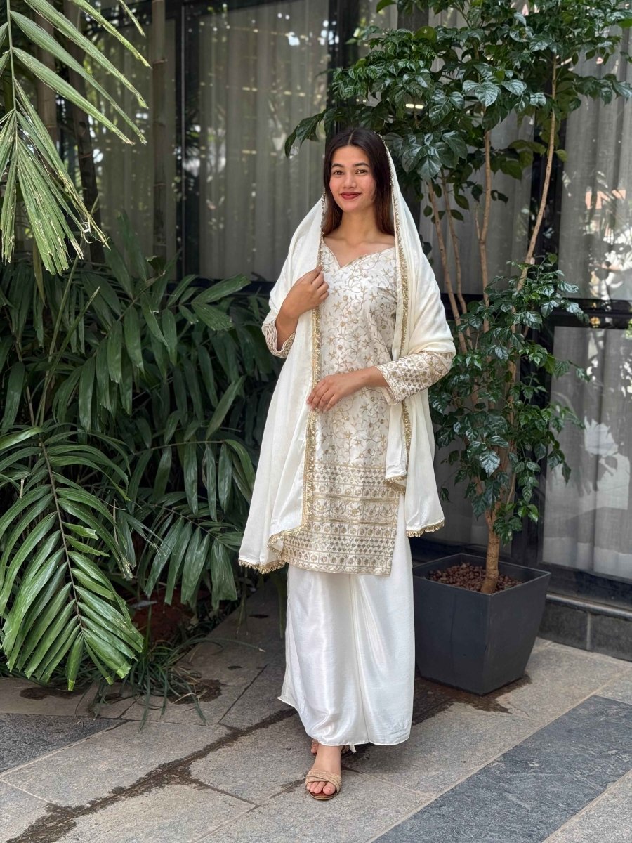 Pure Chinon Silk White and Golden Sharara Set