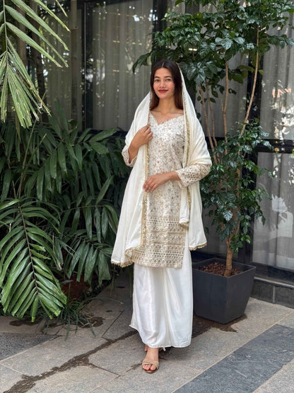 Pure Chinon Silk White and Golden Sharara Set