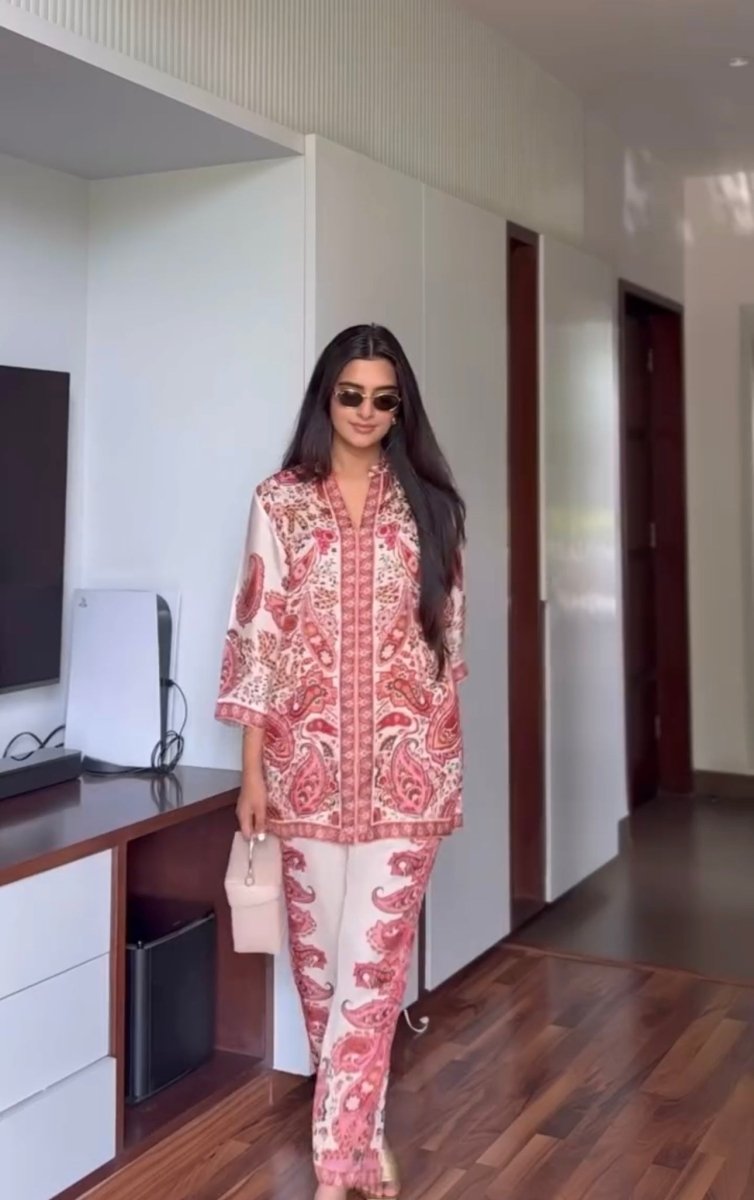Printed Pure Malai Satin Long 2Pc Co-Ord Set New