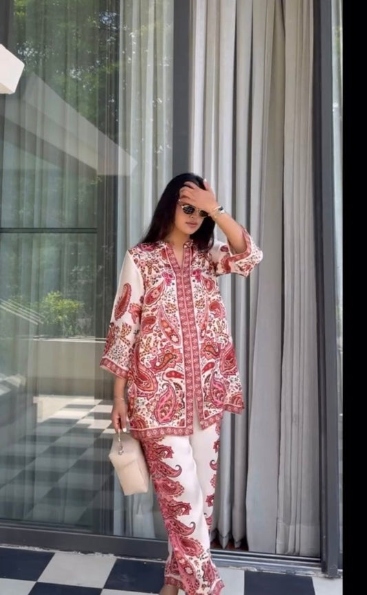 Printed Pure Malai Satin Long 2Pc Co-Ord Set New