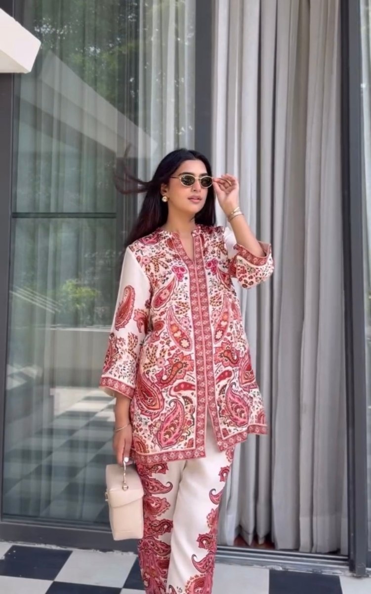 Printed Pure Malai Satin Long 2Pc Co-Ord Set New