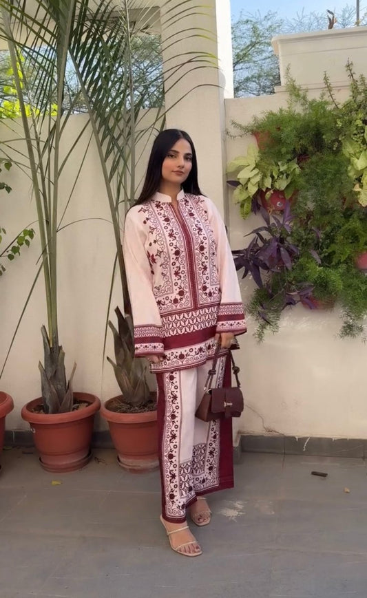 Printed Pure Malai Satin Long 2Pc Co-Ord Set Design