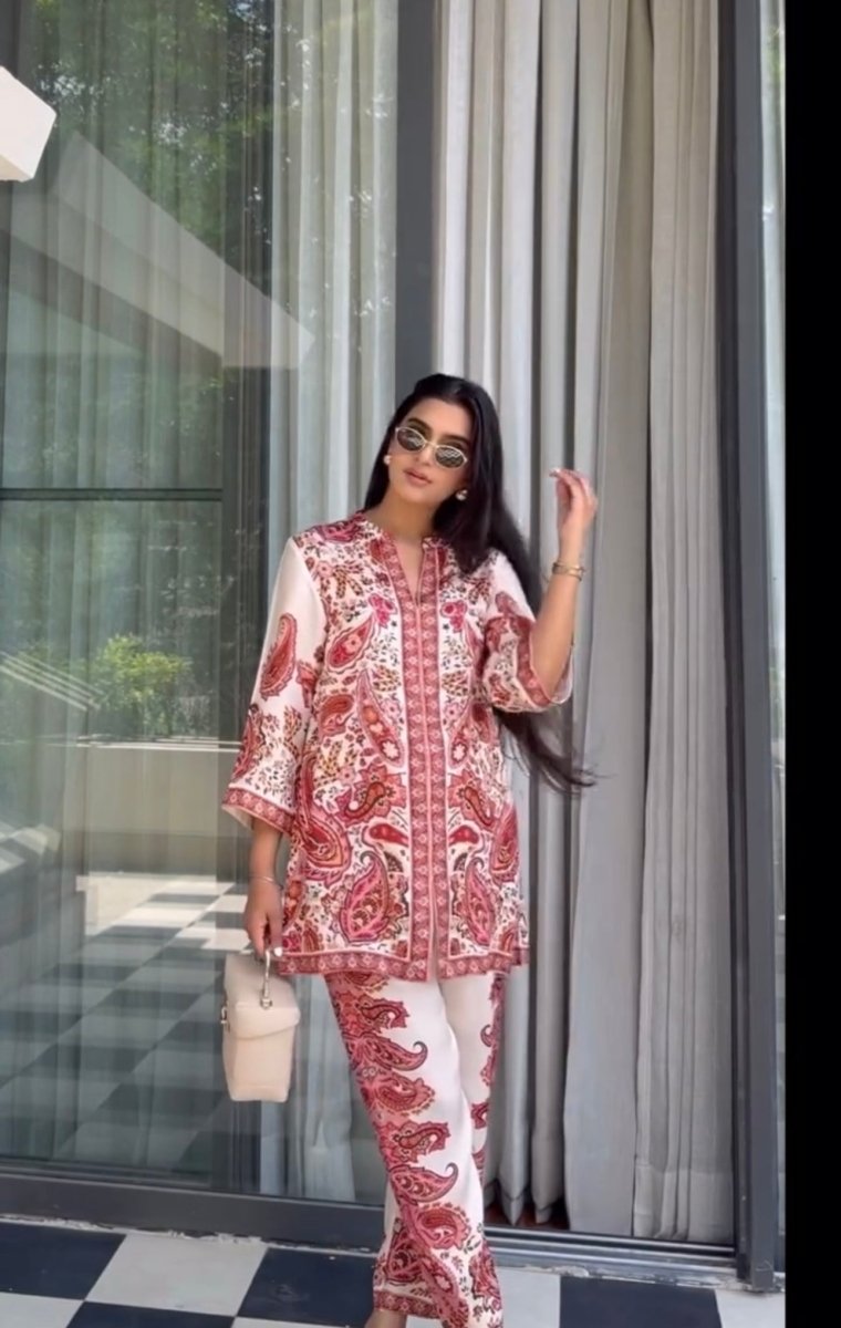 Printed Pure Malai Satin Long 2Pc Co-Ord Set New
