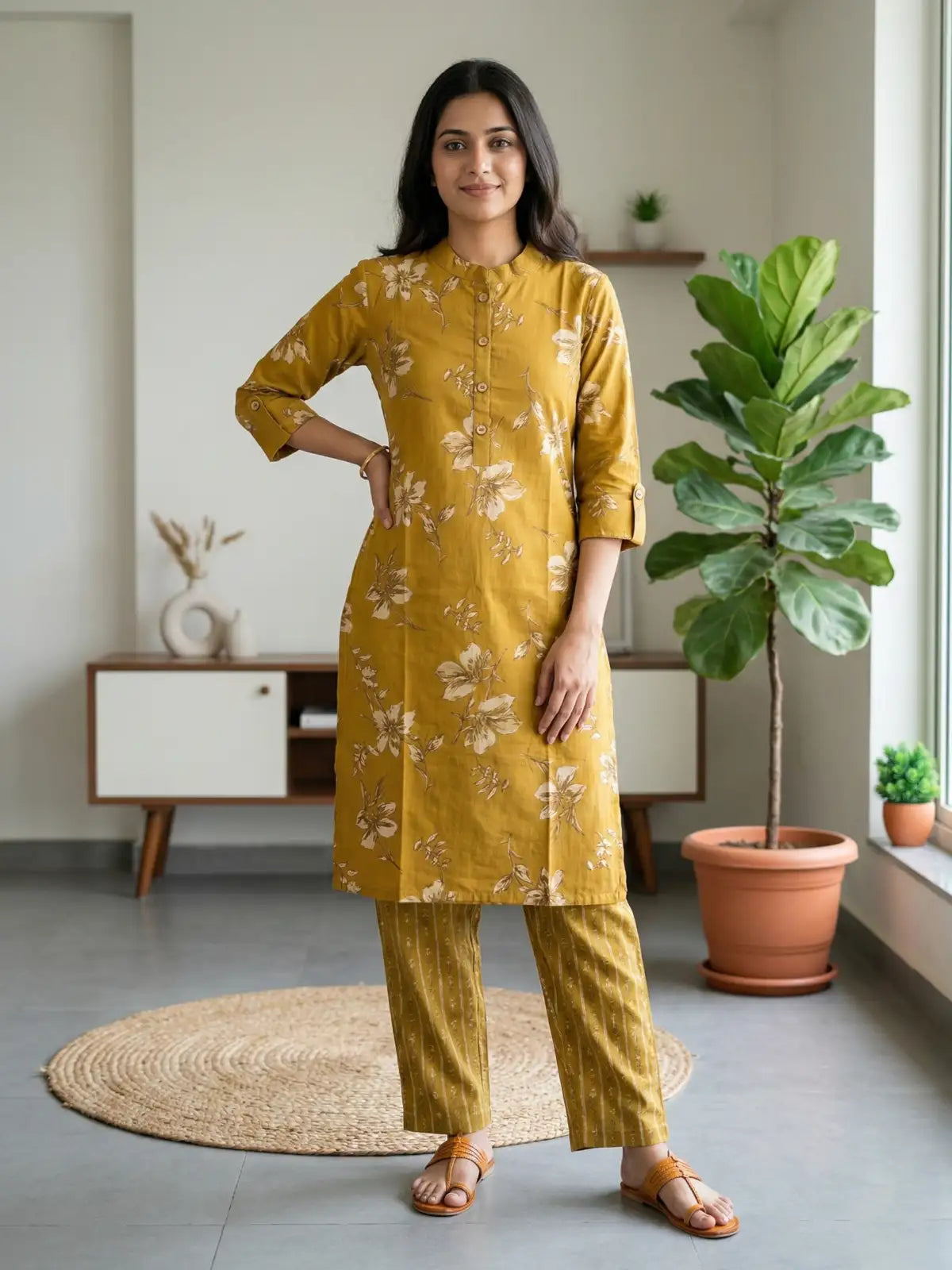Mustered pant with line Print Co-Ord Set