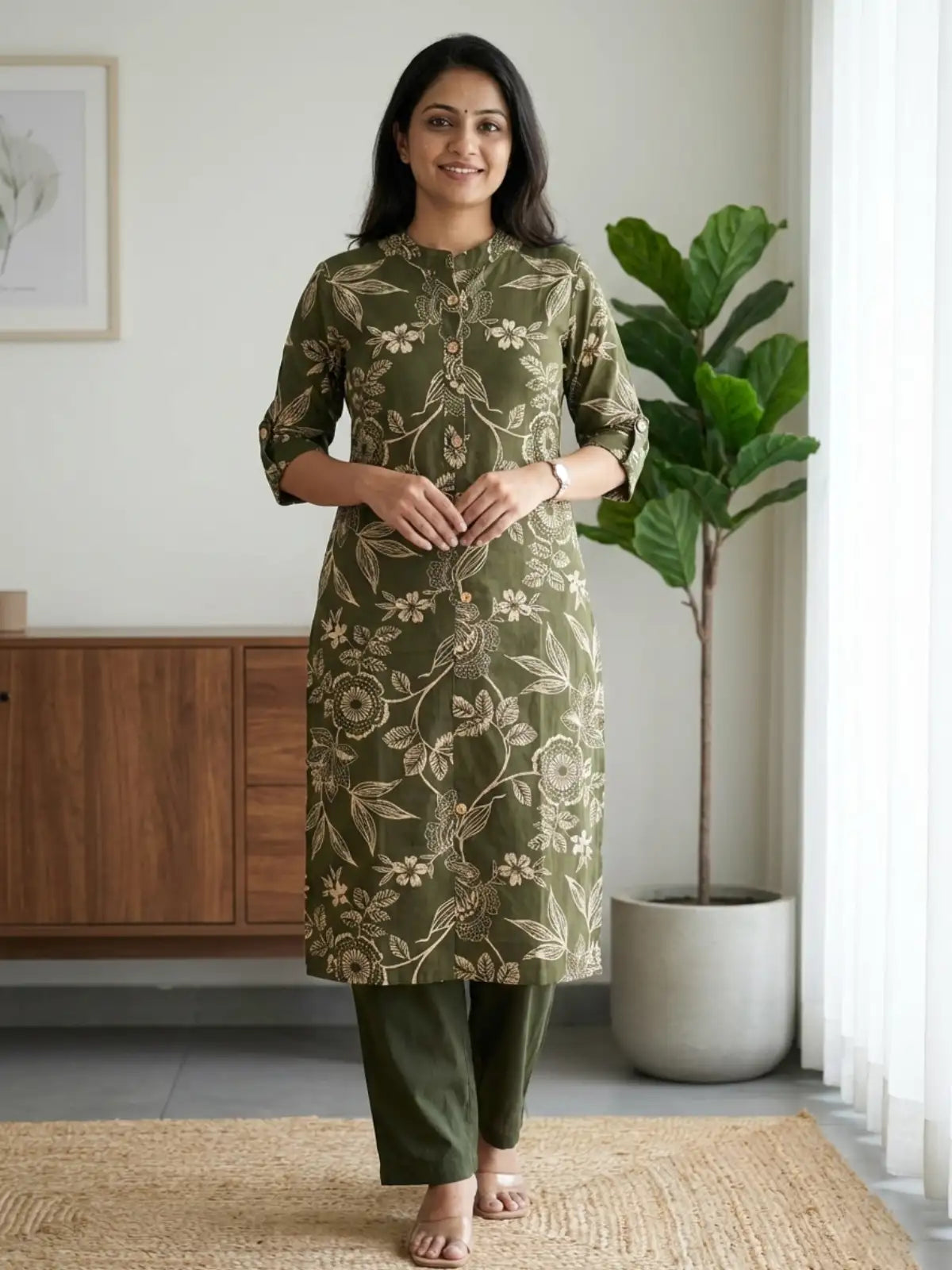 Olive Green Leaf Print Co-Ord Set