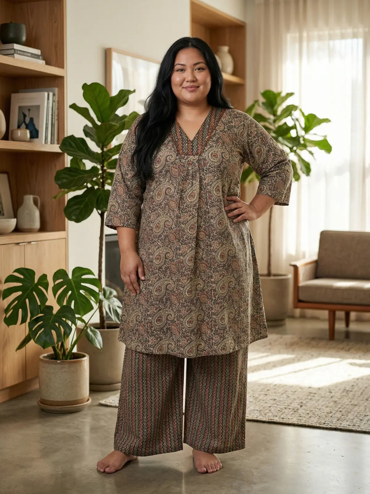 Plus Size V neck Cotton Co Ord Set