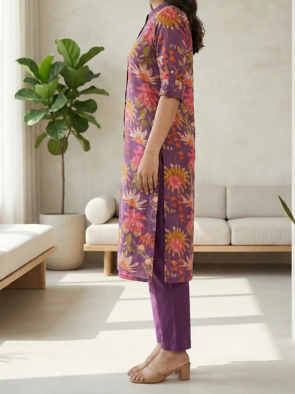 Purple Flower Leaf Print Co-Ord Set