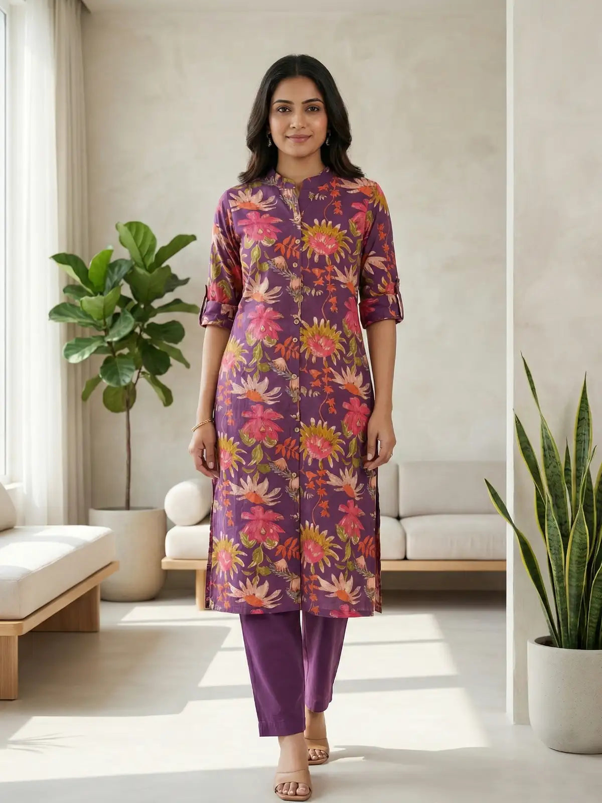 Purple Flower Leaf Print Co-Ord Set